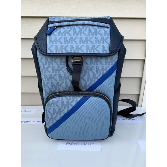 Michael Kors Mens Backpack Cooper Embossed Leather Logo Stripe Backpack Chambray